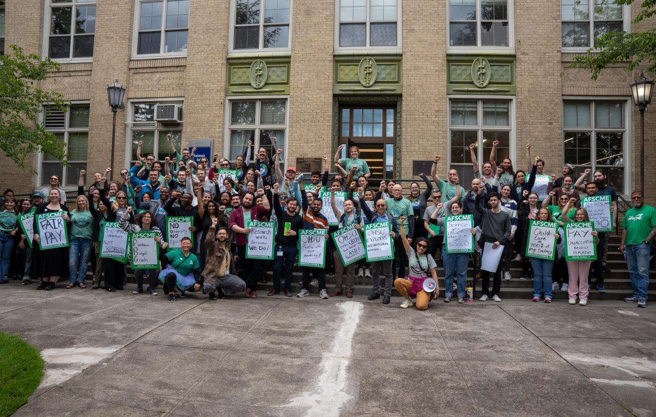 OHSU Postdocs, part of an Oregon AFSCME Union celebrate after the end of the rally.