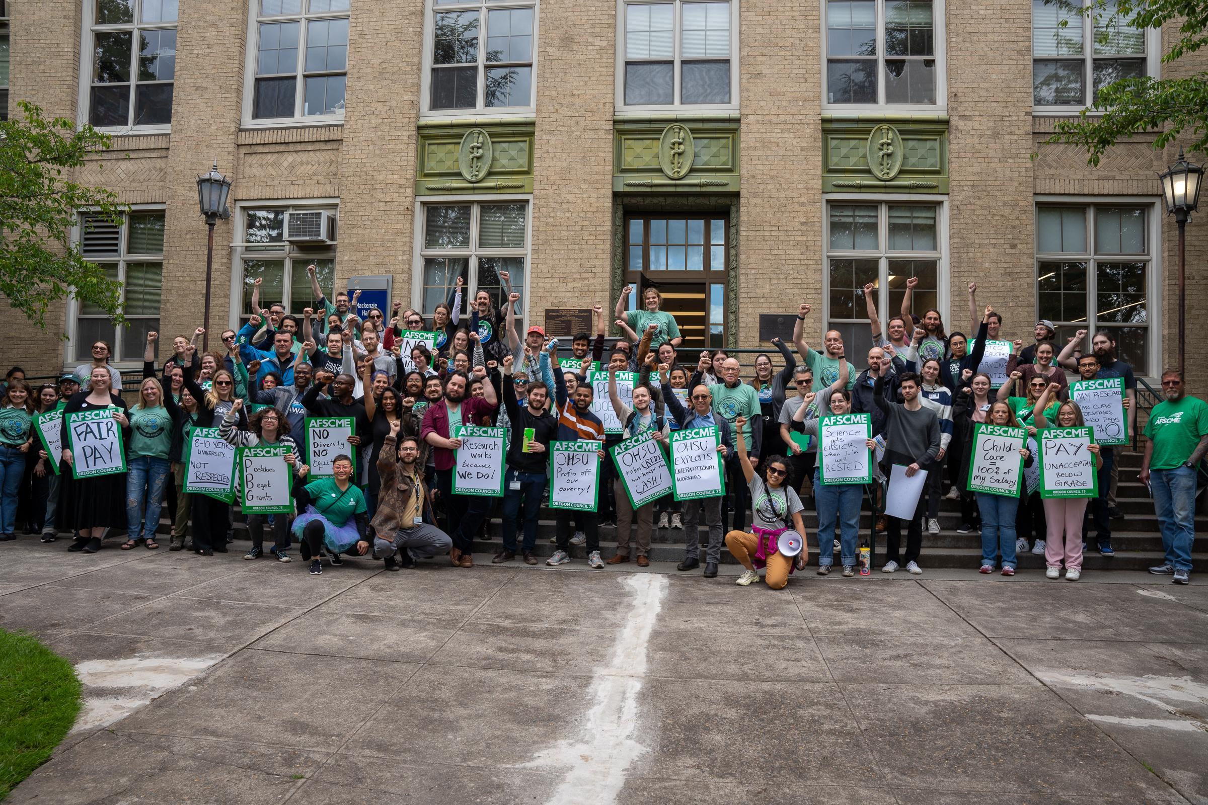 OHSU Postdocs, part of an Oregon AFSCME Union celebrate after the end of the rally.